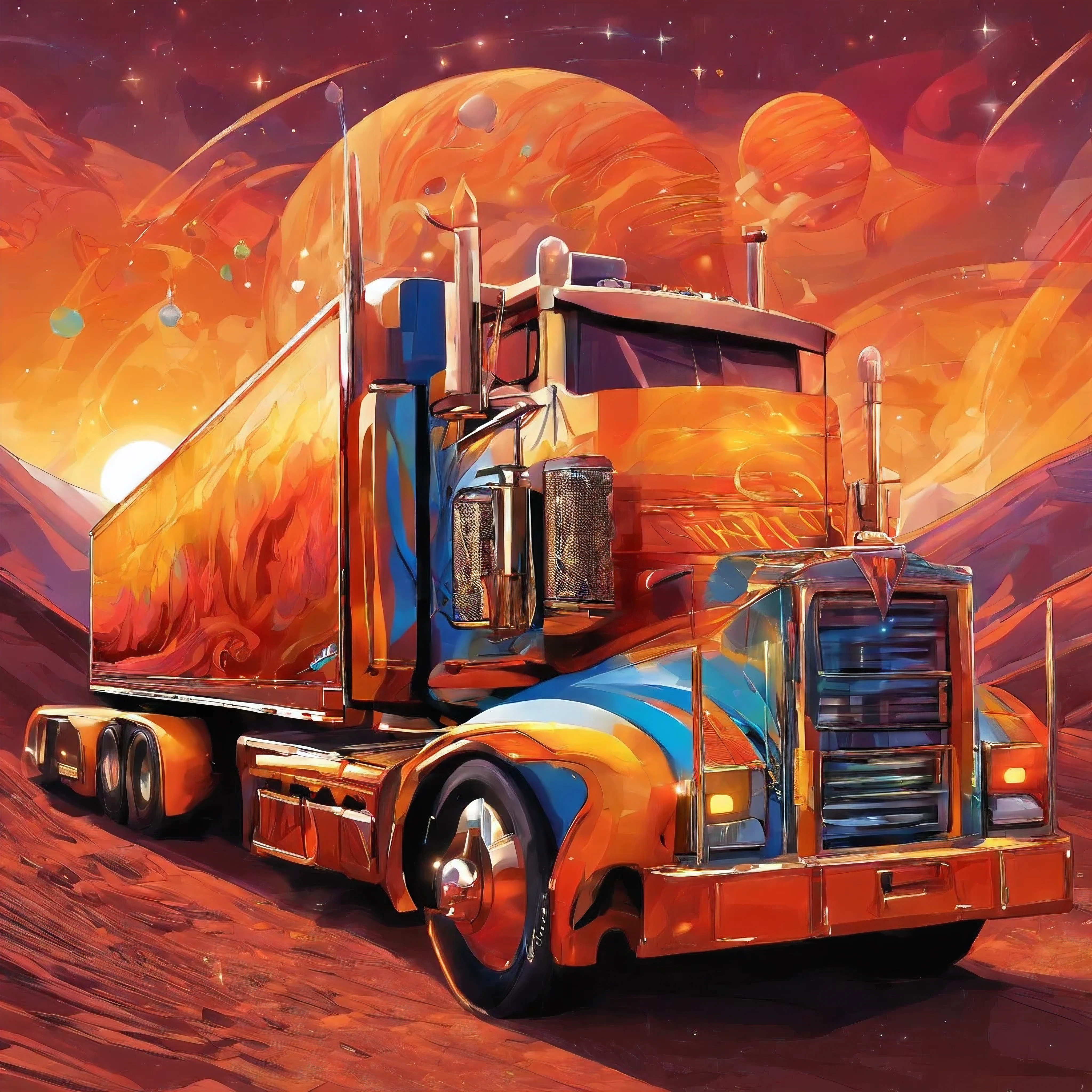 # The Super Truck
In the heart of the city, where neon lights dance,
There roared a mighty truck, a true marvel of chance.
Its wheels spun like galaxies, chrome gleaming bright,
A symphony of horsepower, under the moon's soft light.
## The Hood, a Cosmic Canvas
Upon its hood, a cosmic canvas unfurled,
Painted by stardust and dreams of the world.
Nebulas swirled, meteors streaked in flight,
As constellations whispered secrets through the night.
## Headlights, Twin Suns
Its headlights blazed like twin suns at dawn,
Guiding lost souls, weary travelers drawn.
Through interstellar highways, it cruised with grace,
A celestial chariot in this earthly space.
## Exhaust Pipes, Volcanic Vents
From its exhaust pipes, volcanic vents erupted,
Spewing cosmic flames, dreams uncorrupted.
The asphalt trembled, stars blinked in surprise,
As the super truck roared, defying the skies.
## Tires, Celestial Orbits
Each tire spun like a planet in orbit's embrace,
Leaving comet trails, a celestial race.
Gravity surrendered, time bent its knee,
For this super truck transcended reality.
## Tailgate, Portal to Adventure
And the tailgate? Ah, that was the key,
A portal to realms where imagination ran free.
Step aboard, dear traveler, buckle up tight,
For the super truck awaits, ready for flight.
So next time you glimpse a truck with cosmic flair,
Remember the legend of the super truck rare.
Decked out in wonder, fueled by dreams,
It roams the highways, where reality gleams.