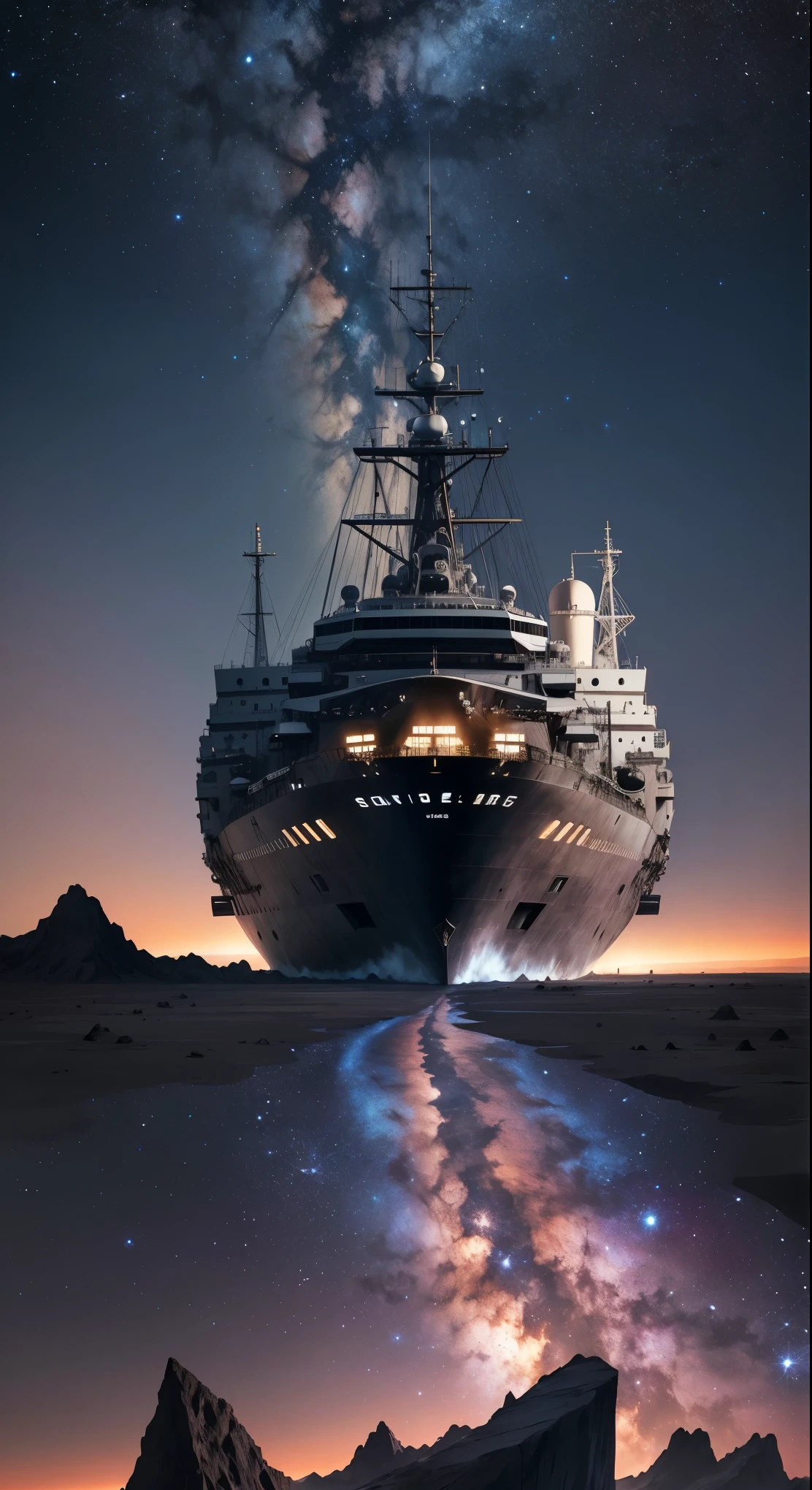 (best quality, 4k, ultra detailed, high resolution, masterpiece: 1.2),Character from a Distance: There is a character seen from afar, located at a high observation point. It is small compared to the surroundings, highlighting the magnitude of the ship. The character is equipped with a space suit, with flashing lights and mechanical details.
View of Outer Space: Through the openings in the ship, a vast starry space is seen. The stars are unevenly distributed, creating variable densities and suggesting the remoteness of some celestial objects.