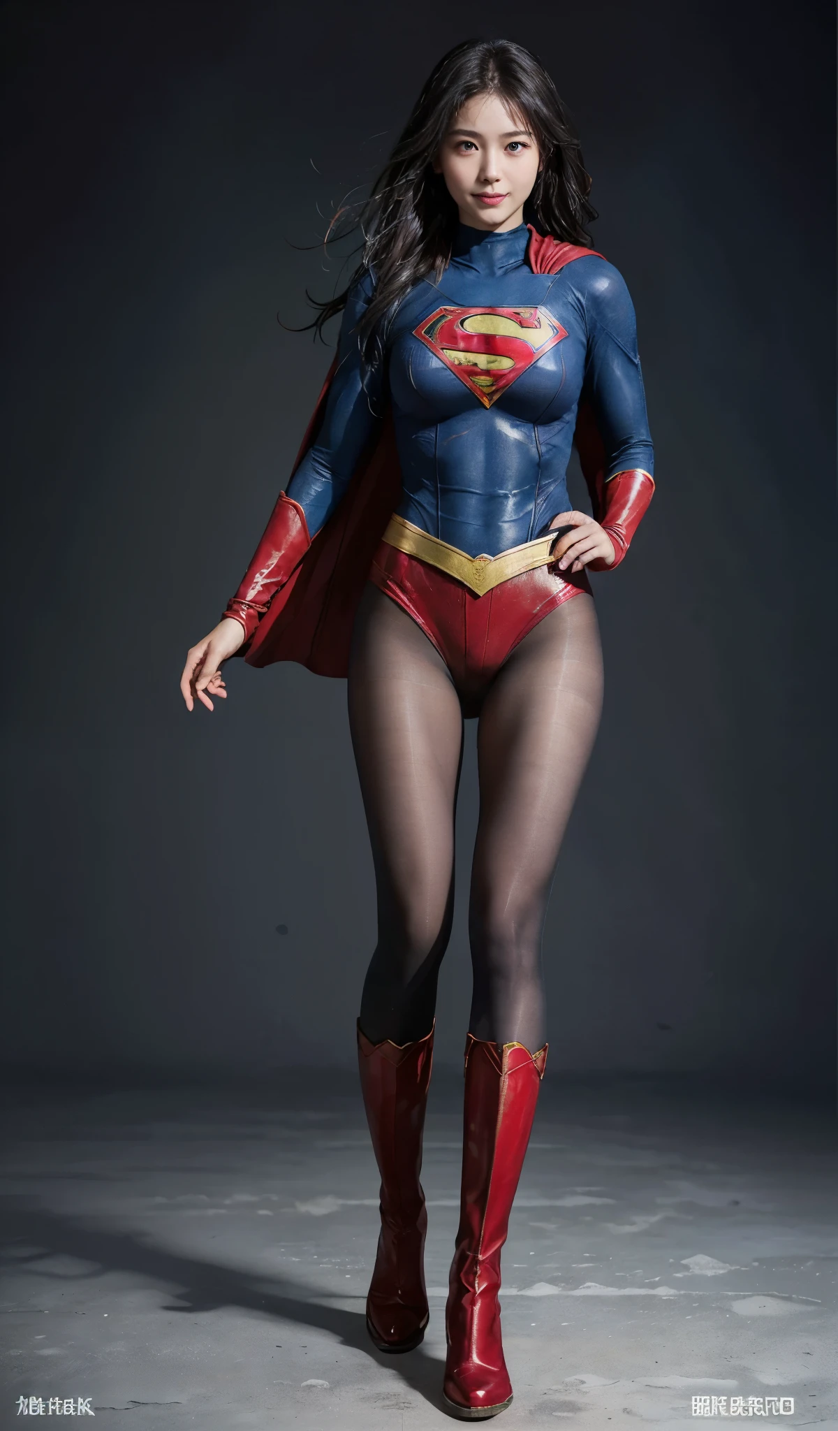 No background、(((Beautiful legs in black tights.)))、(((Legally express the beauty of your smile)))、((((Make the most of your original images)))、(((Supergirl Costume)))、(((Beautiful Hair)))、(((suffering)))、(((Please wear black tights....、Wear red boots)))、((Best image quality、8k))、((highest quality、8k、masterpiece:1.3))、(((Preserve background )))、Sharp focus:1.2、Beautiful woman with perfect figure:1.4、Slim Abs:1.2、Wet body:1.5、Highly detailed face and skin texture、8k