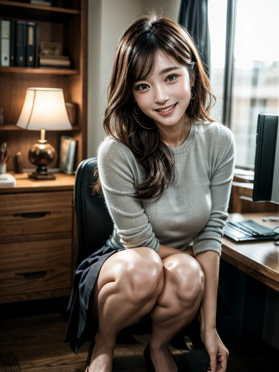 Cute Japanese Woman、(Raw photo:1.2)、(Photorealistic:1.4)、The beauty of beautiful details、Delicate expression、((I can see your pants))、(squat)、Mansuji in panties、Ridiculous、Incredibly Ridiculous、Ultra-detailed、High resolution、transcendental beauty、highest quality、masterpiece、((office uniform))、Extremely detailed representation、Small breasts、In detail、Highly detailed facial cinematic lighting、30-year-old woman、Baby Face、Positive、(((Dynamic Pose)))、((Sit with your knees bent))、Tight Skirt、sexy look、Laughter