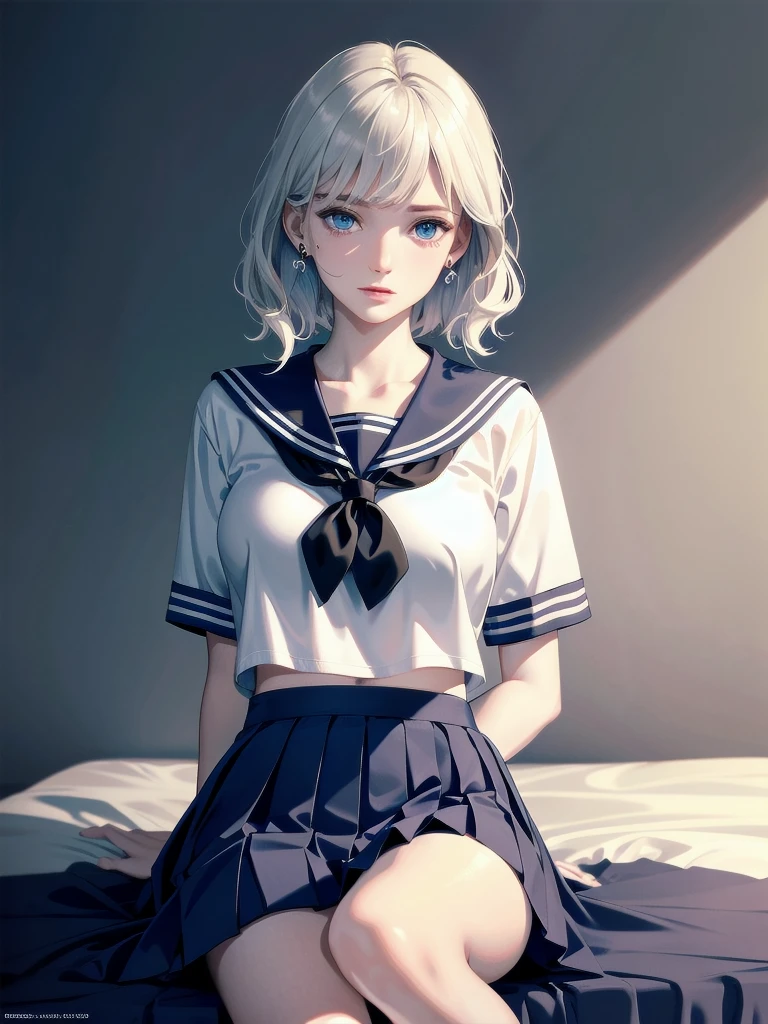 absurdres, RAW photo, extremely delicate and beautiful, masterpiece, Best Quality, ultra high resolution, 32k, hyperrealistic, ultra-detailed, detailed description, pale skin, 20 years old, delicate facial features, detailed beautiful face and eyes, tearful mole, earring, Colossal tits, short medium hair, wavy hair, full body shot, sailor uniform, school_uniform,