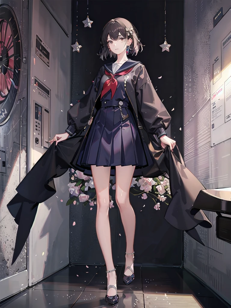 absurdres, RAW photo, extremely delicate and beautiful, masterpiece, Best Quality, ultra high resolution, 32k, hyperrealistic, ultra-detailed, detailed description, pale skin, 20 years old, delicate facial features, detailed beautiful face and eyes, tearful mole, earring, Colossal tits, short medium hair, wavy hair, full body shot, sailor uniform, school_uniform,