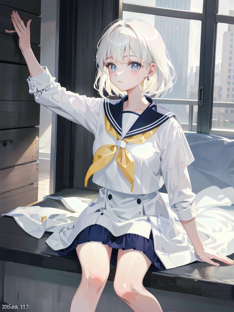 absurdres, RAW photo, extremely delicate and beautiful, masterpiece, Best Quality, ultra high resolution, 32k, hyperrealistic, ultra-detailed, detailed description, pale skin, 20 years old, delicate facial features, detailed beautiful face and eyes, tearful mole, earring, Colossal tits, short medium hair, wavy hair, full body shot, sailor uniform, school_uniform,