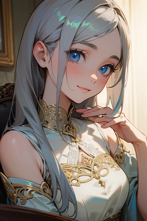 (masterpiece: 1.2, highest quality), (Actual Photos, Intricate details), 1. woman, alone, Upper Body, casual, Shoulder-length hair, Minimal makeup, Natural materials, Face close-up, smile, Home, Gray Hair, blue eyes, Shoulder Bare、Surprised face、