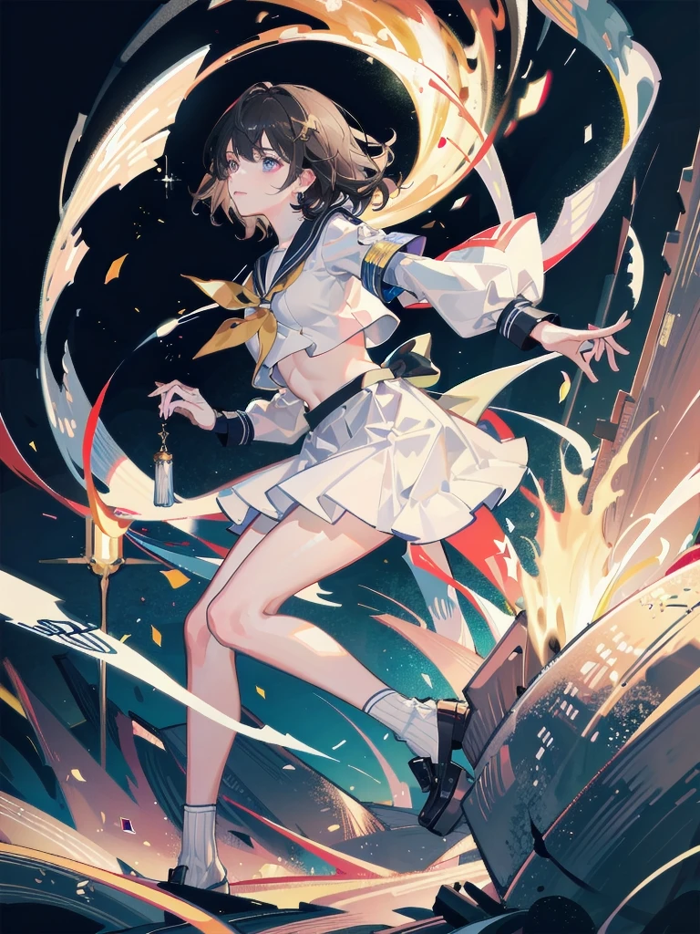 absurdres, RAW photo, extremely delicate and beautiful, masterpiece, Best Quality, ultra high resolution, 32k, hyperrealistic, ultra-detailed, detailed description, pale skin, 20 years old, delicate facial features, detailed beautiful face and eyes, tearful mole, earring, Colossal tits, short medium hair, wavy hair, full body shot, sailor uniform, school_uniform,