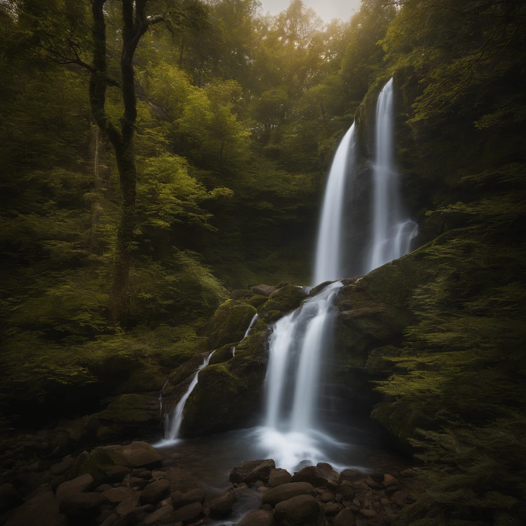 In the heart of the forest, a sparkling waterfall rushes gracefully, éclaboussant les rochers de sa fraîcheur. Autour, lush vegetation flourishes, enveloppant les majestueux arbres de son étreinte verdoyante. The soothing murmur of the water mixes with the songs of the birds, creating an enchanting natural symphony. avec un ciel bleu