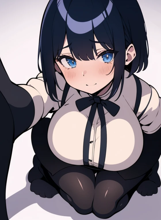 masterpiece, best quality, ultra-detailed, illustration, colorful, flat color, depth of field, 1girl, ouro kronii, anime, staying on her knees on the floor, dark blue hair, short hair, blue eyes, looking at viewer, at restroom, white shirt, black tie, black skirt, pantyhose, black pantyhose, detailed skin texture, detailed cloth texture, beautiful detailed face, blush, shy, huge breasts, view from front