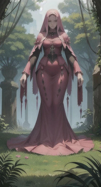 Overgrown plant life, ancient one, abandoned garden, mutated, pink rose creature, female spirit, pink skin, Rossette