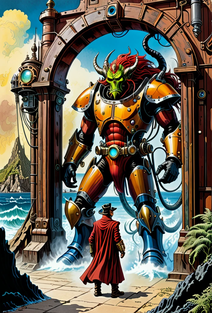create a fantasy art picture about the astral traveler stood before the gate of delirium that guarded bay two identical twin gigantic steampunk demon at the turn of the century near a seven seas of Rhye, in the style of the 80's photo realistic color comic illustration by Don Lawrence