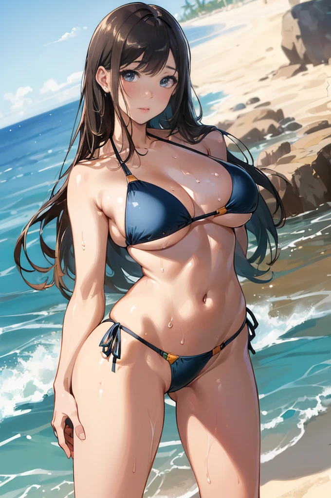 (swim bikini:1.45), (8K, masterpiece, Top Quality, highres, realistic, RAW photo, professional illustration), (isekai realistic:1.3), (detailed smooth skin, radiant skin), best proportion lines dynamite body:1.3, perfect hands, perfect fingers, perfect anatomy:1.5, (drop-shaped)breast), sweat, in heat, ((detailed minami)), (having (open stance model pose:1.2), beautiful radiant thigh focus:1.4), (from below POV:1.2), (smooth body lines:1.3), (extremely beautiful eyes:1.3), (sweat in heat enchanting:1.3), (detailed daytime beach:1.3), (arms behind back), (pubic hair:1.1)