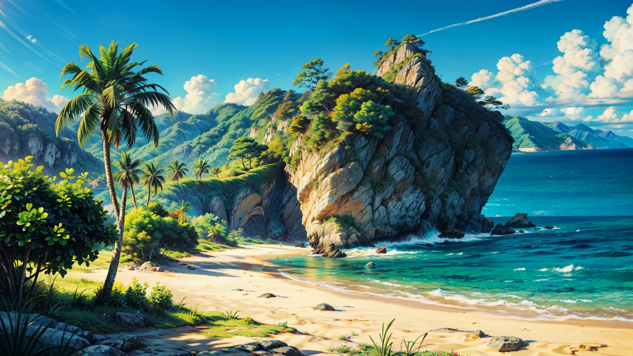 (obra de arte), ((mais alta qualidade)), (super detalhado), ((muito delicado e lindo)), (Incrivelmente absurdo))),Explore this hidden oasis of tranquility, where emerald waters gently lap against golden shores, criando uma melodia hipnotizante que acalma a alma. Palm trees on the horizon sway gracefully in the ocean breeze, its verdant leaves casting dappled shadows over the pristine sands below. Flores tropicais vibrantes alinham-se na costa, its intoxicating fragrance mixed with the salty sea breeze. As you wander the coast, o sol quente beija sua pele, infusing you with a sense of peace and contentment. A cada passo, you will feel the worries of the world melt away, replaced by a deep connection with the beauty of nature.