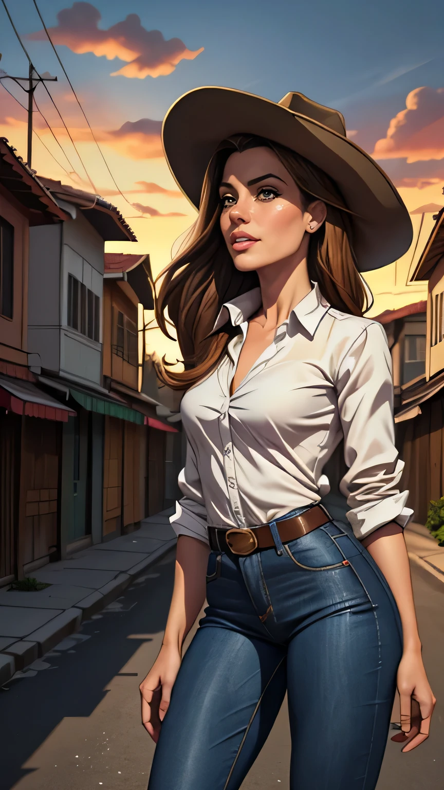 Kate Beckinsale style Cartoon style digital illustration close-up, obra de arte, melhor qualidade, (Fotorrealista:1.4), (roupa de vaqueiro, jaqueta por cima da camisa, dirty pants, cowboy hat) Create dystopian works of art. Tema ocidental, atmosfera empoeirada, wooden buildings, a setting sun casting long shadows, trajes envelhecidos e desgastados, expectativa no ar, impasse intenso, rua vazia, cidade deserta, Mulher bonita, magrelo, seios pequenos, cabelo castanho liso, rosto detalhado, sorriso, photo taken from a distance, 20 anos, old style tears cartoon style digital illustration