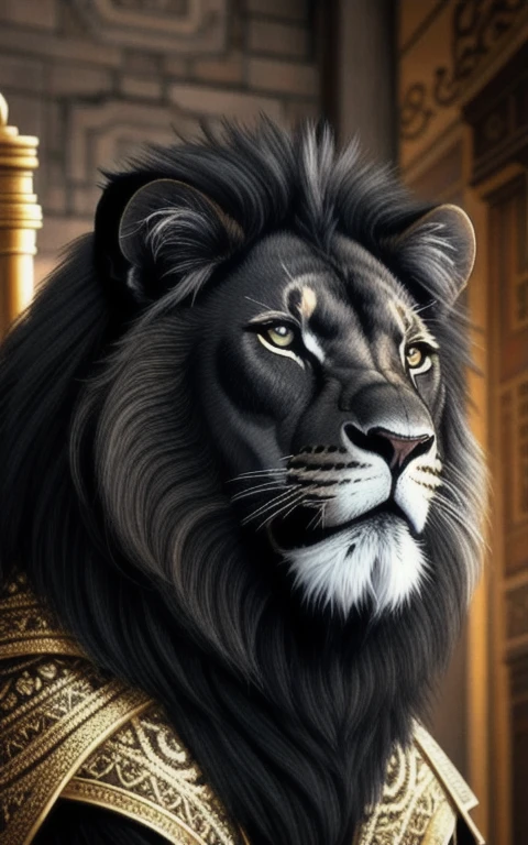 (alta qualidade) a black lion emperor, sentado em um trono de ouro e pedras presiosas ( ambiente sombrio) e um lugar sobrio, lion with realistic and perfect face