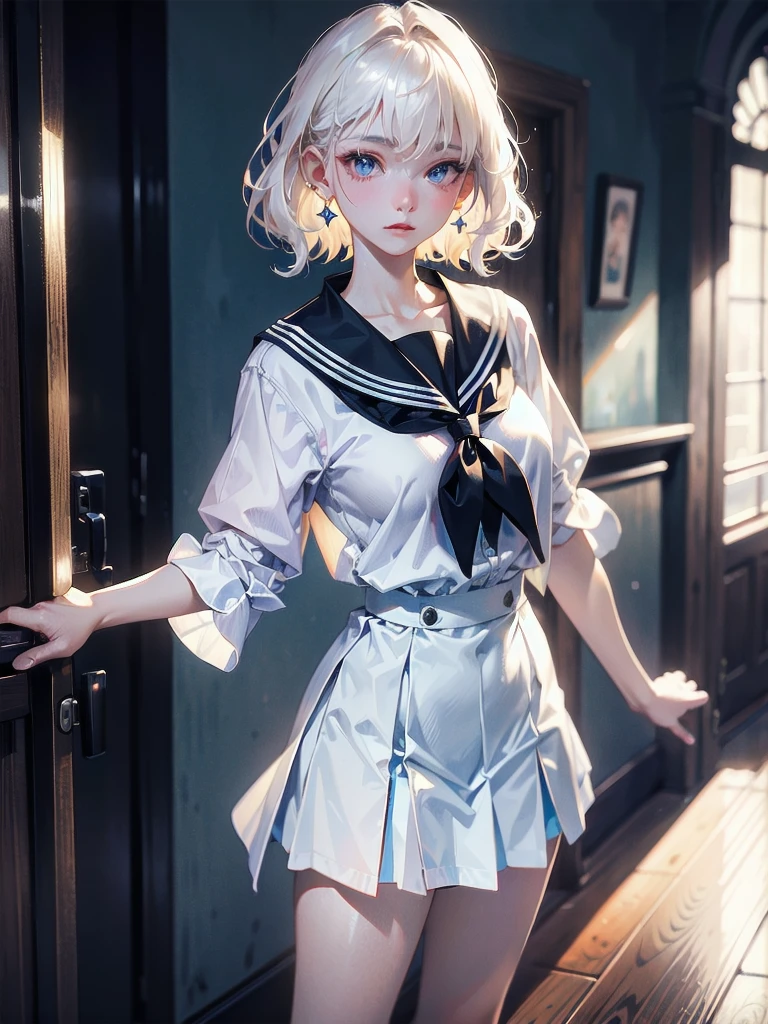 absurdres, RAW photo, extremely delicate and beautiful, masterpiece, Best Quality, ultra high resolution, 32k, hyperrealistic, ultra-detailed, detailed description, pale skin, 20 years old, delicate facial features, detailed beautiful face and eyes, tearful mole, earring, Colossal tits, short medium hair, wavy hair, full body shot, sailor uniform, school_uniform,