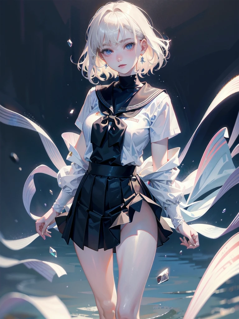 absurdres, RAW photo, extremely delicate and beautiful, masterpiece, Best Quality, ultra high resolution, 32k, hyperrealistic, ultra-detailed, detailed description, pale skin, 20 years old, delicate facial features, detailed beautiful face and eyes, tearful mole, earring, Colossal tits, short medium hair, wavy hair, full body shot, sailor uniform, school_uniform,