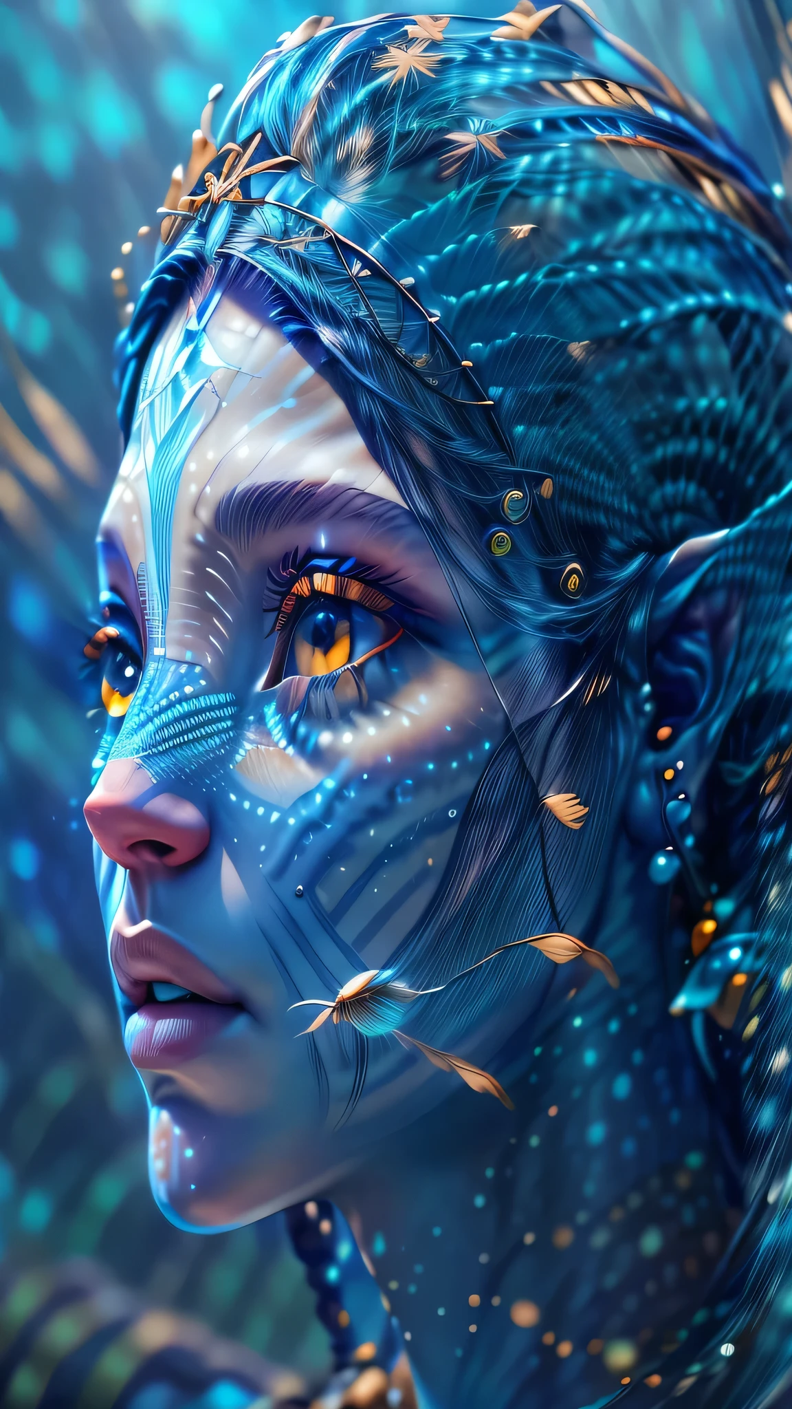 fashion photography portrait of blue human avatar, in blue sea with fish, 3d render, cgi, symetrical, octane render, 35mm, bokeh, 9:16, (intricate details:1.12), hdr, (intricate details, hyperdetailed:1.15), (natural skin texture, hyperrealism, soft light, sharp:1.2)
