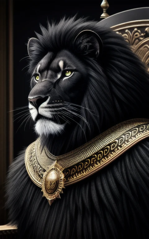 a realistic dark lion of black color, sentado em um trono de ouro e prata 