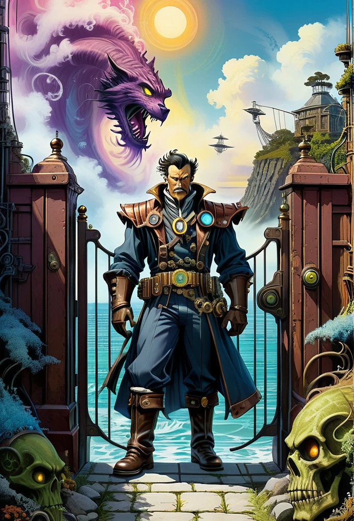 create a fantasy art picture about the astral traveler stood before the gate of delirium that guarded bay two identical twin gigantic steampunk demon at the turn of the century near a seven seas of Rhye, in the style of the 80's photo realistic color comic illustration by Don Lawrence