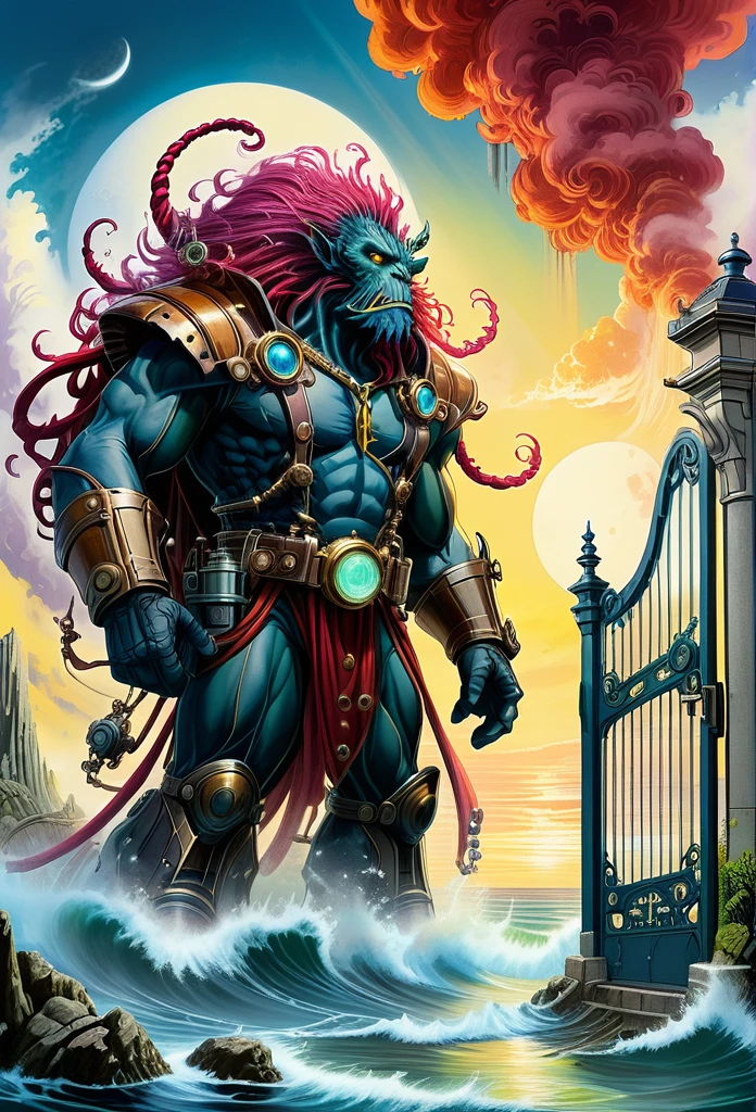 create a fantasy art picture about the astral traveler stood before the gate of delirium that guarded bay two identical twin gigantic steampunk demon at the turn of the century near a seven seas of Rhye, in the style of the 80's photo realistic color comic illustration by Don Lawrence
