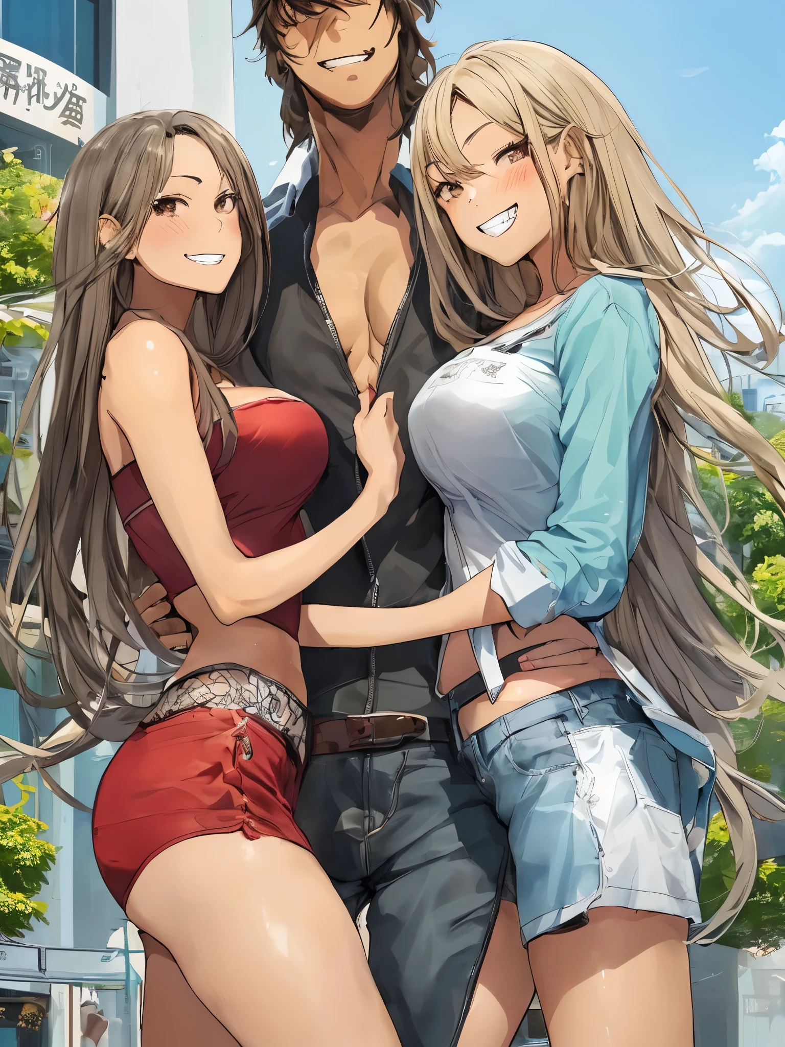 2girl, 1boy,  , gyaru, grin, cheerful,
ffm threesome, group picture, double girls, love triangle,  size difference, 
 