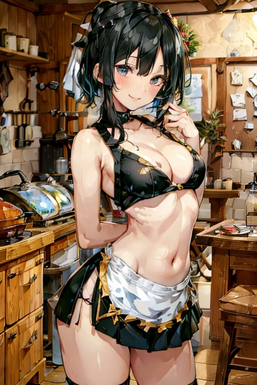 (fantasy:1.5),(anime,8k,masterpiece, top quality, best quality,beautiful and aesthetic:1.2,professional illustrasion:1.1,ultra detail:1.3,perfect lighting),extremely detailed,highest detailed,incredibly absurdres , highres, ultra detailed,intricate:1.6,(Alchemy Workshop:1.4),A girl mixing,Medicine in many small bottles,holding small potion,colorful:1.4,zentangle,(1girl),(girl),(Three kingdoms female warload),(highly detailed beautiful face and eyes,firm breasts),oily skin,((black,hair,short bob with short pony tail hair)),thin pubic hair,cute,lovely,34 years old,alchemist costume,Merchant's Clothing,smile,in the kitchen,smile,seductive weak smiling,(with sparkling eyes and a contagious smile),open mouth, Looking at Viewer,