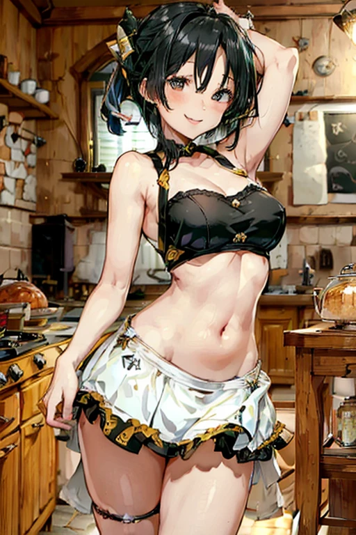 (fantasy:1.5),(anime,8k,masterpiece, top quality, best quality,beautiful and aesthetic:1.2,professional illustrasion:1.1,ultra detail:1.3,perfect lighting),extremely detailed,highest detailed,incredibly absurdres , highres, ultra detailed,intricate:1.6,(Alchemy Workshop:1.4),A girl mixing,Medicine in many small bottles,holding small potion,colorful:1.4,zentangle,(1girl),(girl),(Three kingdoms female warload),(highly detailed beautiful face and eyes,firm breasts),oily skin,((black,hair,short bob with short pony tail hair)),thin pubic hair,cute,lovely,34 years old,alchemist costume,Merchant's Clothing,smile,in the kitchen,smile,seductive weak smiling,(with sparkling eyes and a contagious smile),open mouth, Looking at Viewer,
