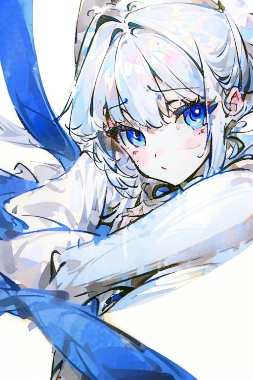 A girl of about 17 with skin white as porcelain, but soft as silk. With blue eyes and white-silver hair.