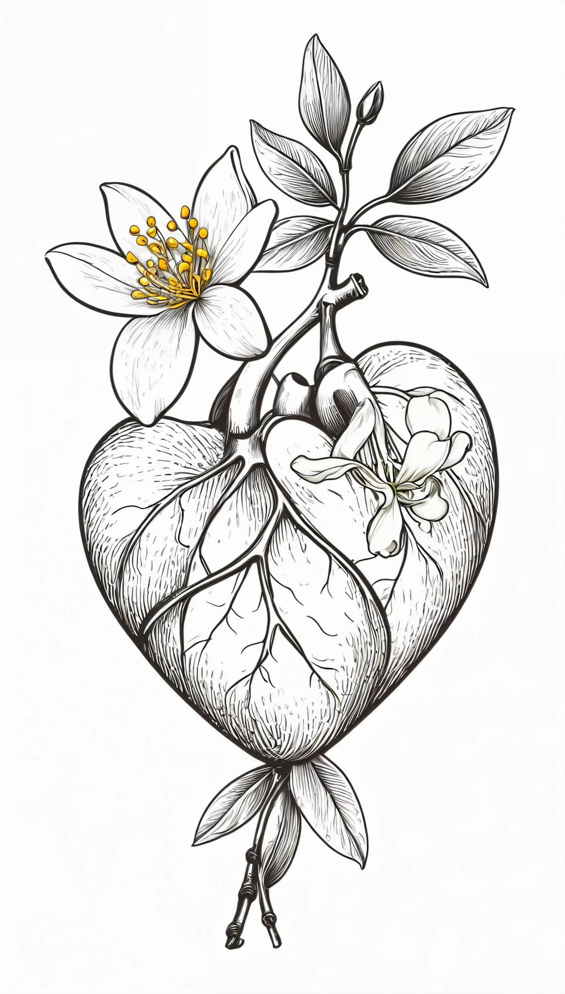 The image of a heart with the color of black blood on which jasmine flower vectors are engraved