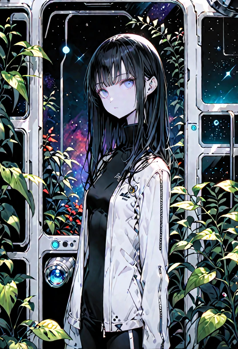 solo, female, long straight black hair, light blue eyes, slender, thin, very tall, black turtleneck, light jacket, pale white skin, stylish clothes, small breasts, space lab, plants