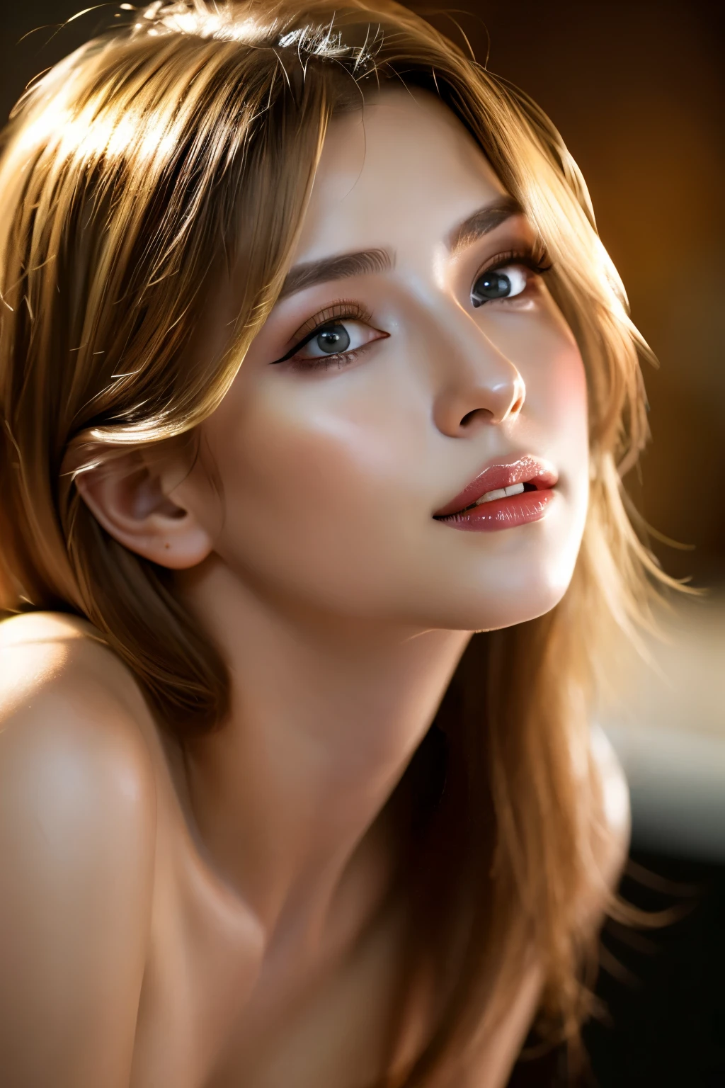 (highest quality、table top、8k、best image quality、Award-winning work)、(one young girl, 14 years old:1.3)、no sleeve, (red eyeshadow:1.2)、perfect makeup、long eyelashes、Super high-definition sparkling eyes、ultra high definition hair、ultra high resolution glossy lips、Super high resolution perfect teeth、Super high resolution cute face、brown hair、(very short straight hair:1.1)、look at me and smile、[clavicle]、accurate anatomy、(close up of face:1.5)、Luxury love hotel、(The most moody warm lighting:1.2)、blurred background、With bangs、Super high-resolution glossy and moisturized face、Super high resolutio n glowing skin、most detailed face、Ultra high resolution detailed faces、ultra high resolution hair、Fashion model 25 years old [[[[close-up]]], [[[[chest]]]], [[[[neck]]], [shoulders]]]]], Perfect eyes, Perfect iris, Perfect lips, Perfect teeth, Perfect skin, Soft front light, Glow, HDR, (Soft color: 1.2), Best quality, masterpiece, ultra high res, (photorealistic:1.37), raw photo, 1girl, long hair, beautifull eyes, beautifull face, detailed eyes and face, t-shirt, dynamic lighting, in the dark, table top, highest quality, realistic, Super detailed, finely, High resolution, 8k wallpaper, 1 beautiful woman, light brown messy hair, Realistic, High Resolution, [[[ Only one girl ]]]], Wavy black hair, Blue eyes, Stylish tank top, Upper body, Big breasts, Cleavage, Sitting on chair, Pose random, 8K, Very detailed, High Resolution, Facing camera ( One woman), One woman, (Very realistic, High Resolution), ( Very Detailed Eyes, Very Detailed Hair, Very Detailed Face, Very Detailed Plump Lips), (Breast Open Off Shoulder), Breasts, Upper Body, Affectionate Smile, Golden Hair, (Top Quality: 1. 4), Raw Photo, (Realistic, Photorealistic: 1.37), Professional Photographer, Film-like Light, (Delicate Face 1.2), David Hockney and Alfons Mucha hyperrealistic portrait of a woman, fantasy art, photorealistic, dynamic lighting, art station, poster, volume lighting, highly detailed face, 4 k, awards, (