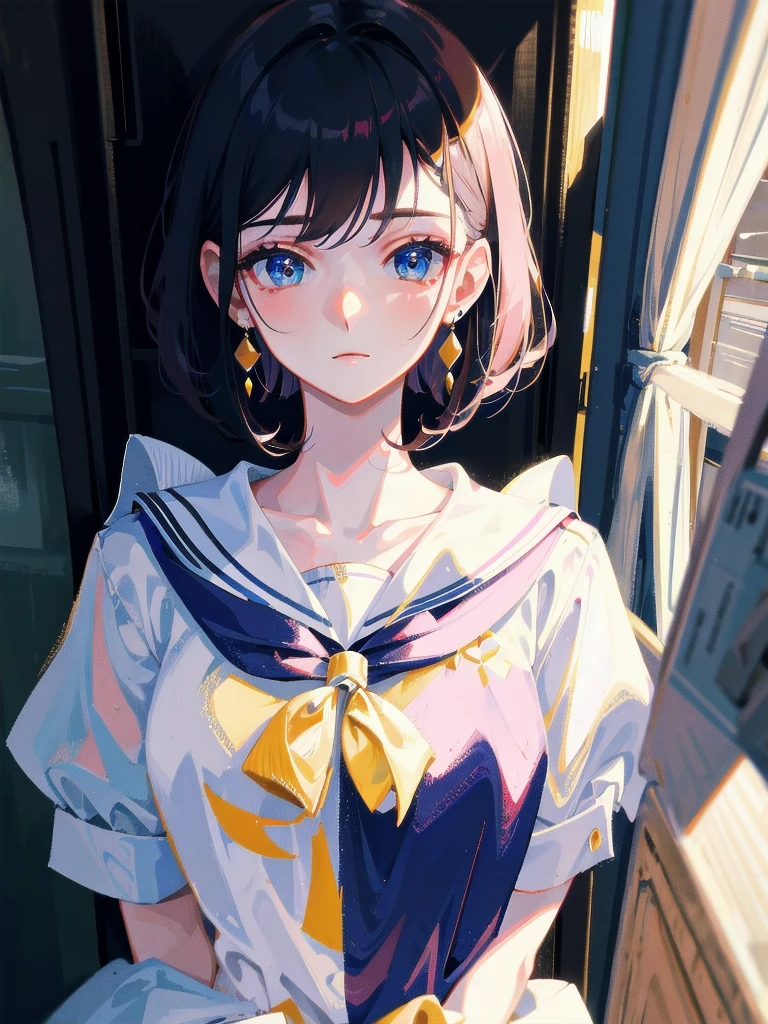 absurdres, RAW photo, extremely delicate and beautiful, masterpiece, Best Quality, ultra high resolution, 32k, hyperrealistic, ultra-detailed, detailed description, pale skin, 20 years old, delicate facial features, detailed beautiful face and eyes, tearful mole, earring, Colossal tits, short medium hair, wavy hair, full body shot, sailor uniform, school_uniform,
