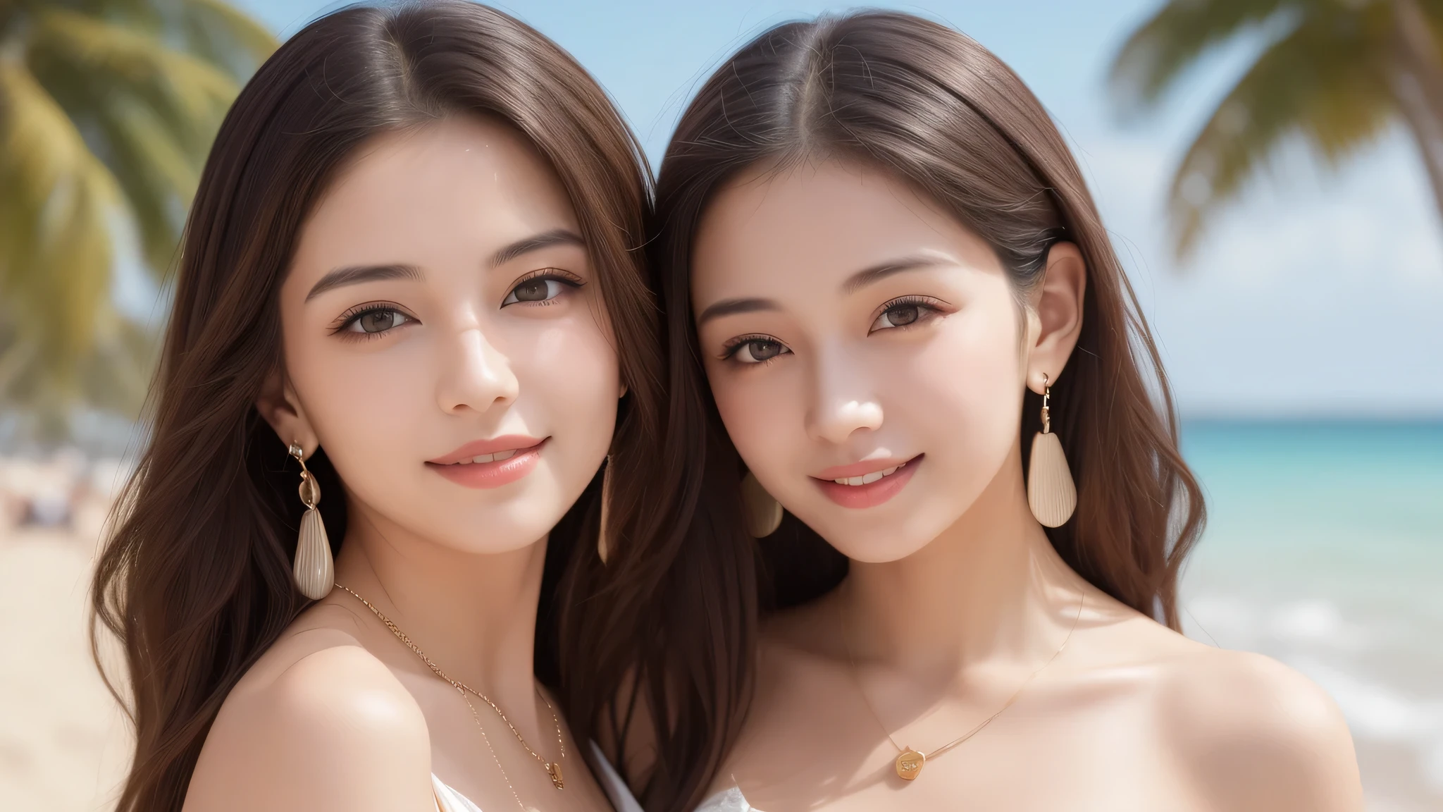 (2girl), brown eyes, (cute smile:1.2), (highly detailed eyes, highly detailed face), (flat chest, Tube top:1.2), accessories, necklace, earrings, (hyper-realistic, hight resolution), (best Quality:1.4), model, Enchanting, beach, flat chest, (Fine face:1.2),