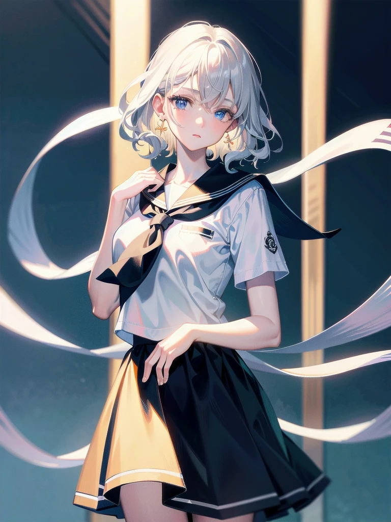 absurdres, RAW photo, extremely delicate and beautiful, masterpiece, Best Quality, ultra high resolution, 32k, hyperrealistic, ultra-detailed, detailed description, pale skin, 20 years old, delicate facial features, detailed beautiful face and eyes, tearful mole, earring, Colossal tits, short medium hair, wavy hair, full body shot, sailor uniform, school_uniform,