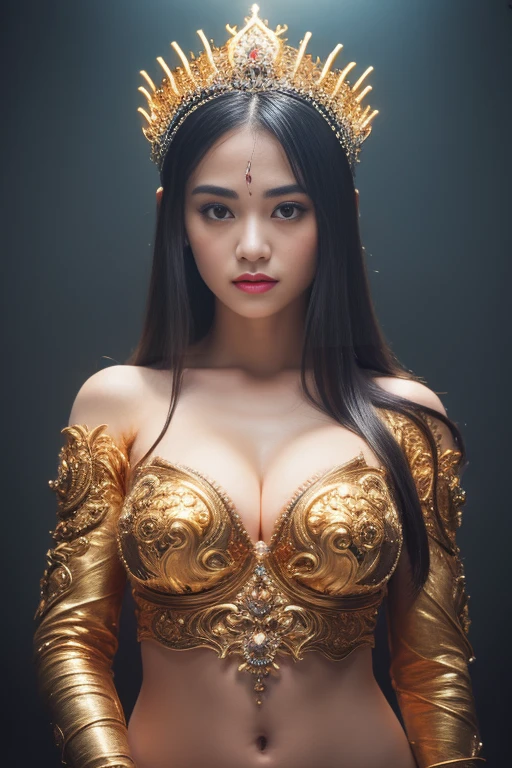 A meditation Goddes, detailed Thailand girl face, (extremely detailed intricate mechanical tiara :1.2), made from gold, (reflection:1.1), bright skins, (spread arms), intricate detail, best quality, natural lighting, light flashing from behind, long black hair, intricate attire, golden gears clothing, grinning, tilted head, bare navel, bright eyes, intricate hair, intricate clothing, puffed breasts, ample cleavage, ((full body shots)), dark theme background