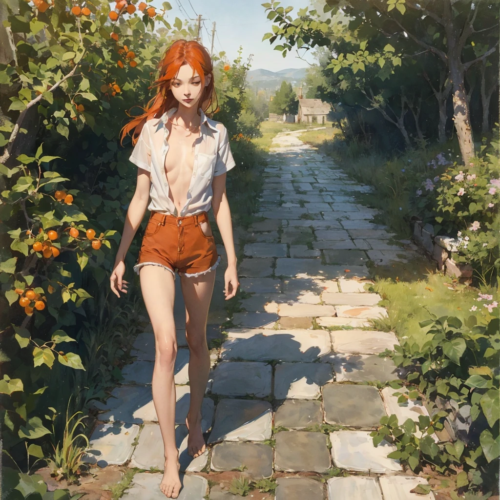 Beautiful slender thin exquisite (nude) girl with a perfect face of the southern type with red hair with delicate beautiful expressive breasts with tender nipples barefoot with bare hips ((with red pubic hairs)) ((in an unbuttoned open light orange shirt over his naked body and short light orange shorts)) walks along a brick road in the middle of a flowering field and drinks (coffee), in a gentle watercolor style, Discreet shades, sfumato, haze, diffused dim light, delicate mint shades, imitation of film photography, (olive and grape groves, Brick Road, Brick house), (High image quality, Maximum detail)