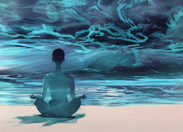 Monge meditando na beira da praia. vestes largas. Fantastic world. Sombras e silhuetas. Feeling of contemplation and strength. high definition image, high detailing and dreamlike drawing style. Symbols of nature, OM, zen, mystic, cores vibrantes Imagem com pelo menos 300 dpi, HD, Digital art