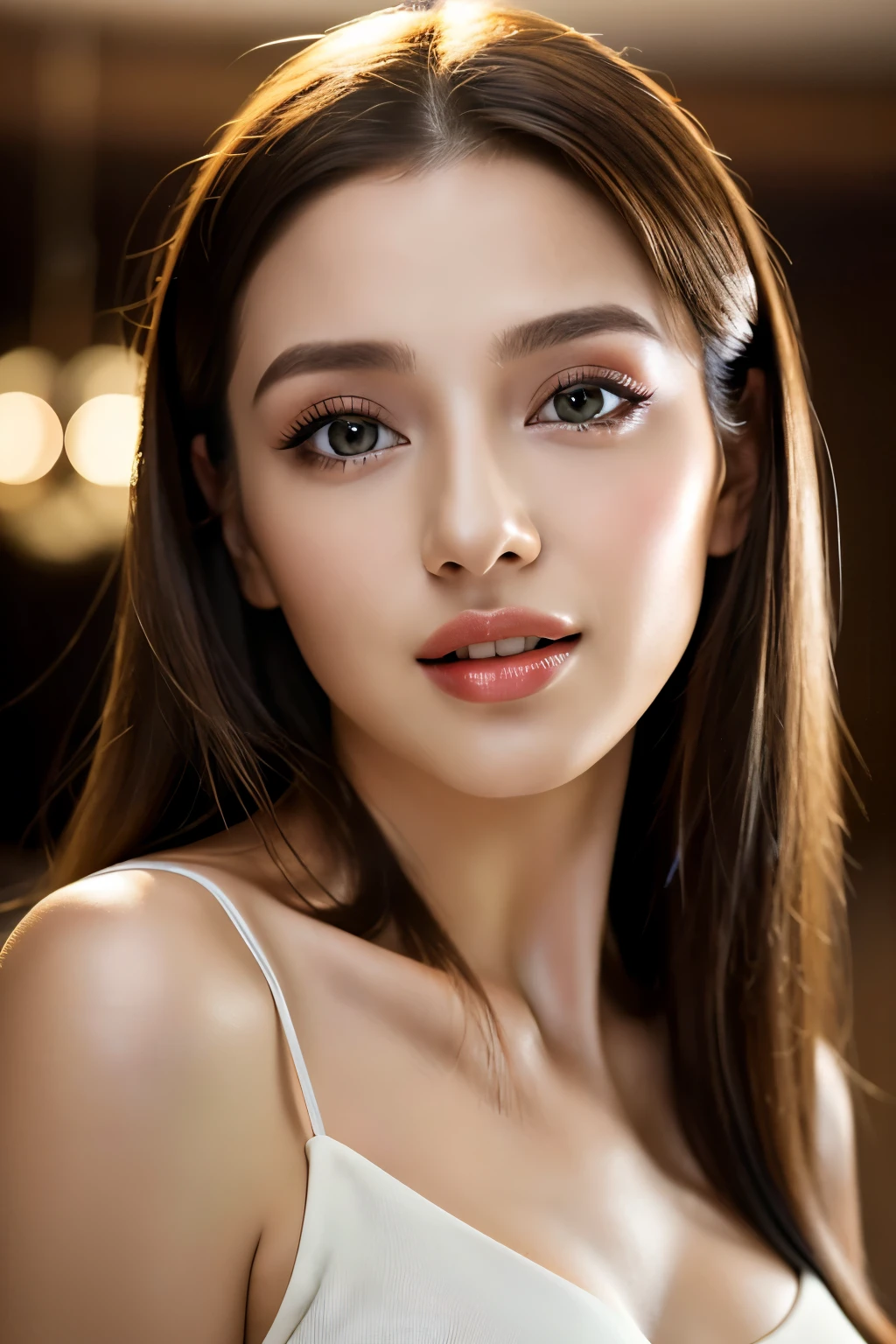 (highest quality、table top、8k、best image quality、Award-winning work)、(one young girl, 14 years old:1.3)、no sleeve, (red eyeshadow:1.2)、perfect makeup、long eyelashes、Super high-definition sparkling eyes、ultra high definition hair、ultra high resolution glossy lips、Super high resolution perfect teeth、Super high resolution cute face、brown hair、(very short straight hair:1.1)、look at me and smile、[clavicle]、accurate anatomy、(close up of face:1.5)、Luxury love hotel、(The most moody warm lighting:1.2)、blurred background、With bangs、Super high-resolution glossy and moisturized face、Super high resolutio n glowing skin、most detailed face、Ultra high resolution detailed faces、ultra high resolution hair、Fashion model 25 years old [[[[close-up]]], [[[[chest]]]], [[[[neck]]], [shoulders]]]]], Perfect eyes, Perfect iris, Perfect lips, Perfect teeth, Perfect skin, Soft front light, Glow, HDR, (Soft color: 1.2), Best quality, masterpiece, ultra high res, (photorealistic:1.37), raw photo, 1girl, long hair, beautifull eyes, beautifull face, detailed eyes and face, t-shirt, dynamic lighting, in the dark, table top, highest quality, realistic, Super detailed, finely, High resolution, 8k wallpaper, 1 beautiful woman, light brown messy hair, Realistic, High Resolution, [[[ Only one girl ]]]], Wavy black hair, Blue eyes, Stylish tank top, Upper body, Big breasts, Cleavage, Sitting on chair, Pose random, 8K, Very detailed, High Resolution, Facing camera ( One woman), One woman, (Very realistic, High Resolution), ( Very Detailed Eyes, Very Detailed Hair, Very Detailed Face, Very Detailed Plump Lips), (Breast Open Off Shoulder), Breasts, Upper Body, Affectionate Smile, Golden Hair, (Top Quality: 1. 4), Raw Photo, (Realistic, Photorealistic: 1.37), Professional Photographer, Film-like Light, (Delicate Face 1.2), David Hockney and Alfons Mucha hyperrealistic portrait of a woman, fantasy art, photorealistic, dynamic lighting, art station, poster, volume lighting, highly detailed face, 4 k, awards, (