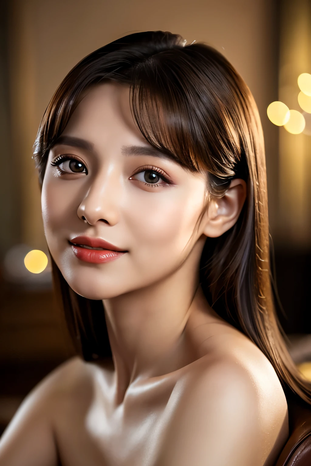 (highest quality、table top、8k、best image quality、Award-winning work)、(one young girl, 14 years old:1.3)、no sleeve, (red eyeshadow:1.2)、perfect makeup、long eyelashes、Super high-definition sparkling eyes、ultra high definition hair、ultra high resolution glossy lips、Super high resolution perfect teeth、Super high resolution cute face、brown hair、(very short straight hair:1.1)、look at me and smile、[clavicle]、accurate ???????、(close up of face:1.5)、Luxury love hotel、(The most moody warm lighting:1.2)、blurred background、With bangs、Super high-resolution glossy and moisturized face、Super high resolutio n glowing skin、most detailed face、Ultra high resolution detailed faces、ultra high resolution hair、Fashion model 25 years old [[[[close-up]]], [[[[chest]]]], [[[[neck]]], [shoulders]]]]], Perfect eyes, Perfect iris, Perfect lips, Perfect teeth, Perfect skin, Soft front light, Glow, HDR, (Soft color: 1.2), Best quality, masterpiece, ultra high res, (photorealistic:1.37), raw photo, 1girl, long hair, beautifull eyes, beautifull face, detailed eyes and face, t-shirt, dynamic lighting, in the dark, table top, highest quality, realistic, Super detailed, finely, High resolution, 8k wallpaper, 1 beautiful woman, light brown messy hair, Realistic, High Resolution, [[[ Only one girl ]]]], Wavy black hair, Blue eyes, Stylish tank top, Upper body, Big breasts, Cleavage, Sitting on chair, Pose random, 8K, Very detailed, High Resolution, Facing camera ( One woman), One woman, (Very realistic, High Resolution), ( Very Detailed Eyes, Very Detailed Hair, Very Detailed Face, Very Detailed Plump Lips), (Breast Open Off Shoulder), Breasts, Upper Body, Affectionate Smile, Golden Hair, (Top Quality: 1. 4), Raw Photo, (Realistic, Photorealistic: 1.37), Professional Photographer, Film-like Light, (Delicate Face 1.2), David Hockney and Alfons Mucha hyperrealistic portrait of a woman, fantasy art, photorealistic, dynamic lighting, art station, poster, volume lighting, highly detailed face, 4 k, awards, (