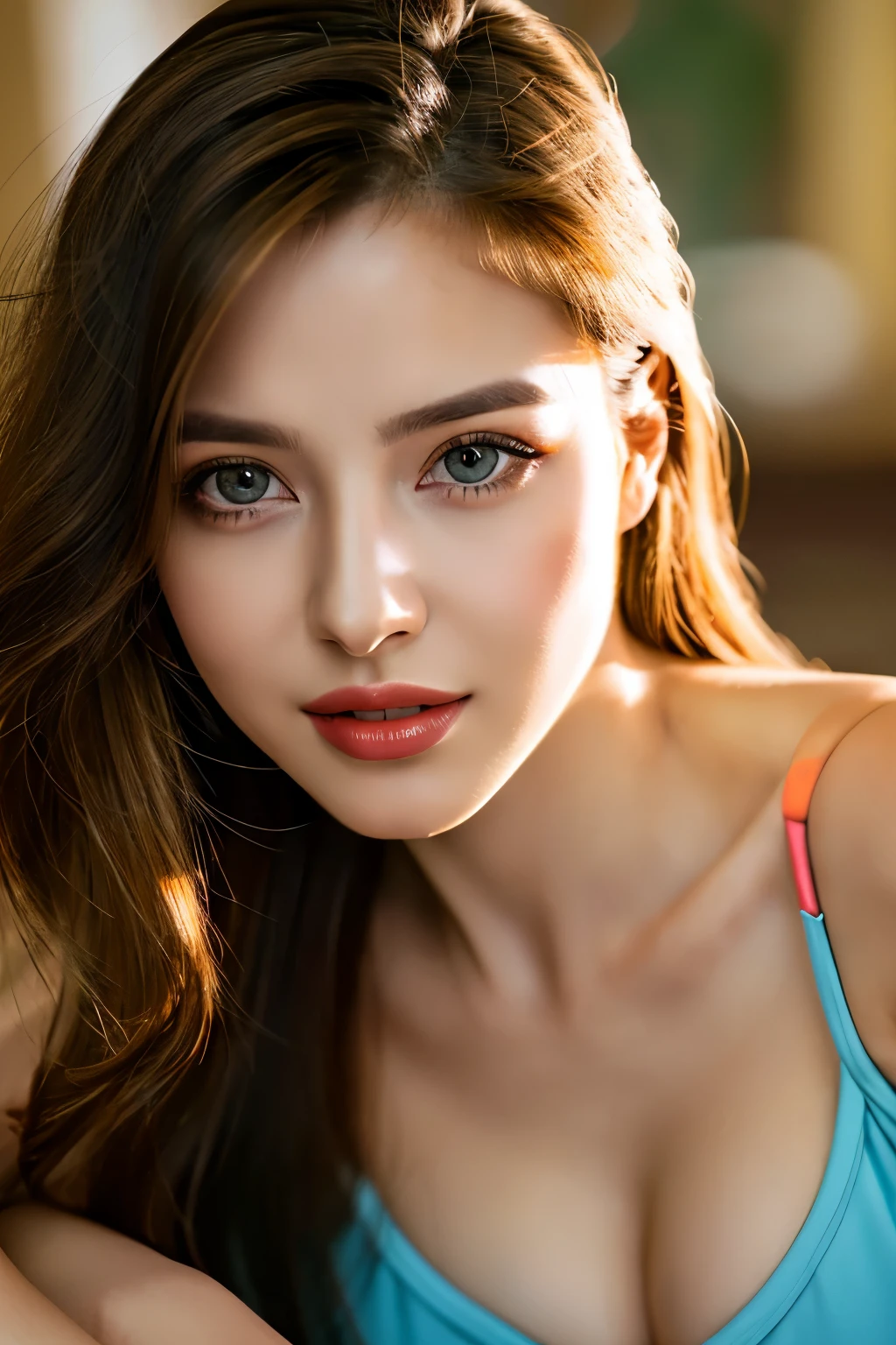 (highest quality、table top、8k、best image quality、Award-winning work)、(one young girl, 14 years old:1.3)、no sleeve, (red eyeshadow:1.2)、perfect makeup、long eyelashes、Super high-definition sparkling eyes、ultra high definition hair、ultra high resolution glossy lips、Super high resolution perfect teeth、Super high resolution cute face、brown hair、(very short straight hair:1.1)、look at me and smile、[clavicle]、accurate anatomy、(close up of face:1.5)、Luxury love hotel、(The most moody warm lighting:1.2)、blurred background、With bangs、Super high-resolution glossy and moisturized face、Super high resolutio n glowing skin、most detailed face、Ultra high resolution detailed faces、ultra high resolution hair、Fashion model 25 years old [[[[close-up]]], [[[[chest]]]], [[[[neck]]], [shoulders]]]]], Perfect eyes, Perfect iris, Perfect lips, Perfect teeth, Perfect skin, Soft front light, Glow, HDR, (Soft color: 1.2), Best quality, masterpiece, ultra high res, (photorealistic:1.37), raw photo, 1girl, long hair, beautifull eyes, beautifull face, detailed eyes and face, t-shirt, dynamic lighting, in the dark, table top, highest quality, realistic, Super detailed, finely, High resolution, 8k wallpaper, 1 beautiful woman, light brown messy hair, Realistic, High Resolution, [[[ Only one girl ]]]], Wavy black hair, Blue eyes, Stylish tank top, Upper body, Big breasts, Cleavage, Sitting on chair, Pose random, 8K, Very detailed, High Resolution, Facing camera ( One woman), One woman, (Very realistic, High Resolution), ( Very Detailed Eyes, Very Detailed Hair, Very Detailed Face, Very Detailed Plump Lips), (Breast Open Off Shoulder), Breasts, Upper Body, Affectionate Smile, Golden Hair, (Top Quality: 1. 4), Raw Photo, (Realistic, Photorealistic: 1.37), Professional Photographer, Film-like Light, (Delicate Face 1.2), David Hockney and Alfons Mucha hyperrealistic portrait of a woman, fantasy art, photorealistic, dynamic lighting, art station, poster, volume lighting, highly detailed face, 4 k, awards, (