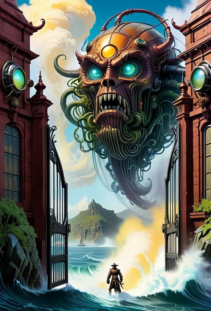 create a fantasy art picture about the astral traveler stood before the gate of delirium that guarded bay two identical twin gigantic steampunk demon at the turn of the century near a seven seas of Rhye, in the style of the 80's photo realistic color comic illustration by Don Lawrence, octane render