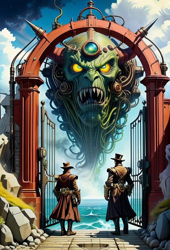 create a fantasy art picture about the astral traveler stood before the gate of delirium that guarded bay two identical twin gigantic steampunk demon at the turn of the century near a seven seas of Rhye, in the style of the 80's photo realistic color comic illustration by Don Lawrence, octane render