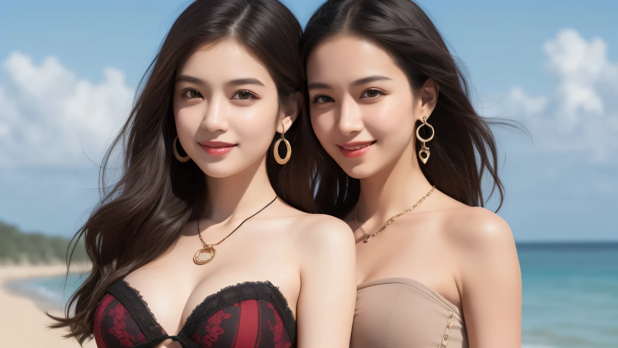 (2girl), brown eyes, (cute smile:1.2), (highly detailed eyes, highly detailed face), (flat chest, Tube top:1.2), accessories, necklace, earrings, (hyper-realistic, hight resolution), (best Quality:1.4), model, Enchanting, beach, flat chest, (Fine face:1.2),