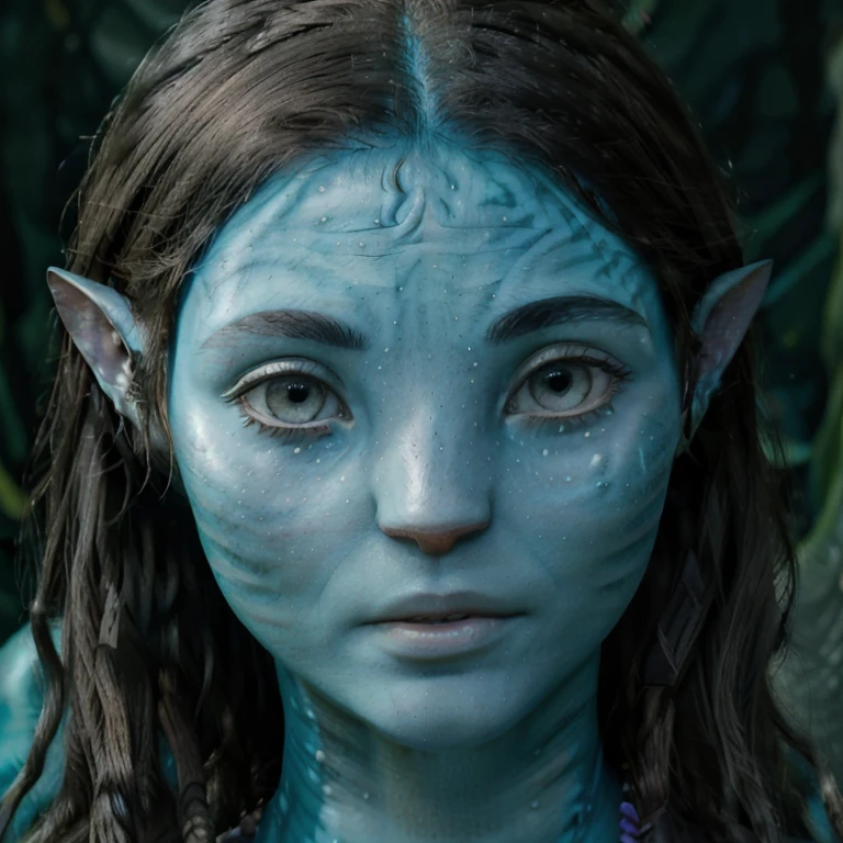 avatar style, (face portrait:1.6), naavi, 1girl, female, (green eyes), (big eyes), ((eyebrowless)), pointy ears, (turquoise skin tone:1.0), (straight hair:1.0), black hair color, ((long hair)), (young adult), 18 years old, face wrinkles, wearing colorful tribal clothing, (wearing tribal acessories), detailed eyes, toned body, muscled body, vibrant colors, glowing, ethereal atmosphere, surrealistic dreamy lighting, textured skin, otherworldly beauty, mesmerizing photography, (best quality, highres), vivid colors, ultrarealistic, skin details, striped skin, sfw, face close-up:0.5, ultradetailed body, ((turquoise skin)), AvTsireya, th0m4s1nm