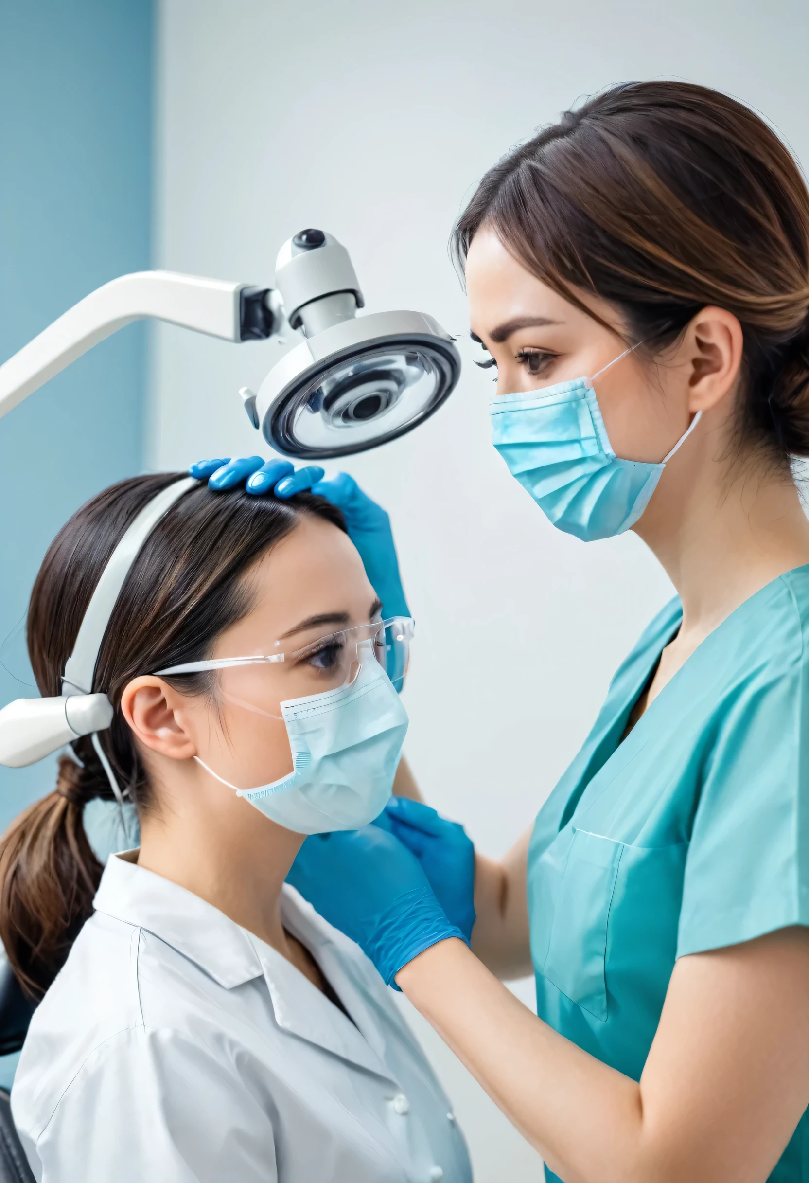 Female doctor's backdentist, dentist's office, female doctor treating patient, light background, female doctor wearing mask, patient's face obscured by veneer,A patient is being treated in the unit, with the dentist's office interior in the background,The female doctor has her hair in an updo and is wearing a loupes.