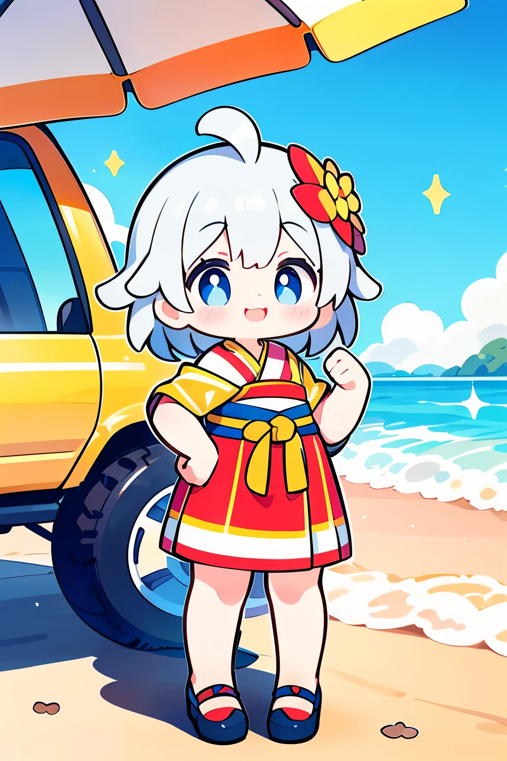 Octane Render、(Hyper-detailing: 1.15)、(Soft light、sharp: 1.2)、morning、 posing in front of colorful EV in parking lot near beach, Traditional costumes、Distinctive ethnic hair ornaments、Characteristic ethnic shoes、 Fuji Film, F/4.0, masutepiece, Anatomically correct、A smile, radiant light