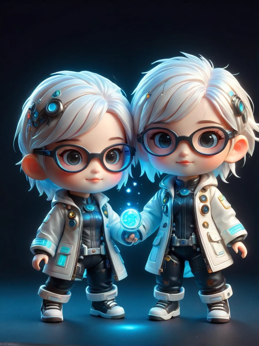 blind box,plastic toy,3D tous,IP model,A cute of the world, white hair, tech goggles, a holo-glowing translucent jacket, Time travel device,a lot of decoration, precision mechanical parts, glossy materials, futuristic, cyberpunk,Pixar,resin material,full body,full Shot,Simple background,display lighting,volumetric lighting,3d,c4d,oc render,volume rendering,extremely detailed details,HDR,8K Resoulution
