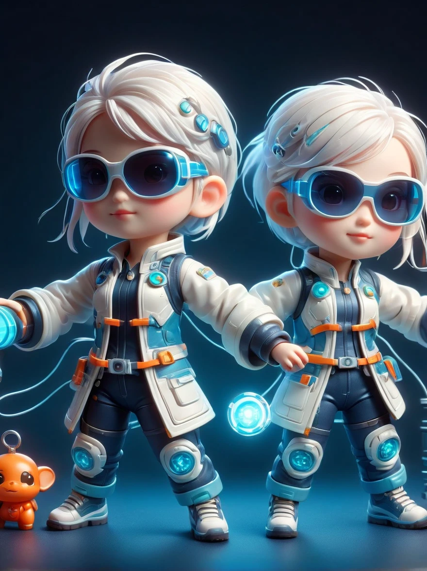 blind box,plastic toy,3D tous,IP model,A cute  girl of the world, white hair, tech goggles, a holo-glowing translucent jacket, Time travel device,a lot of decoration, precision mechanical parts, glossy materials, futuristic, cyberpunk,Pixar,resin material,full body,full Shot,Simple background,display lighting,volumetric lighting,3d,c4d,oc render,volume rendering,extremely detailed details,HDR,8K Resoulution