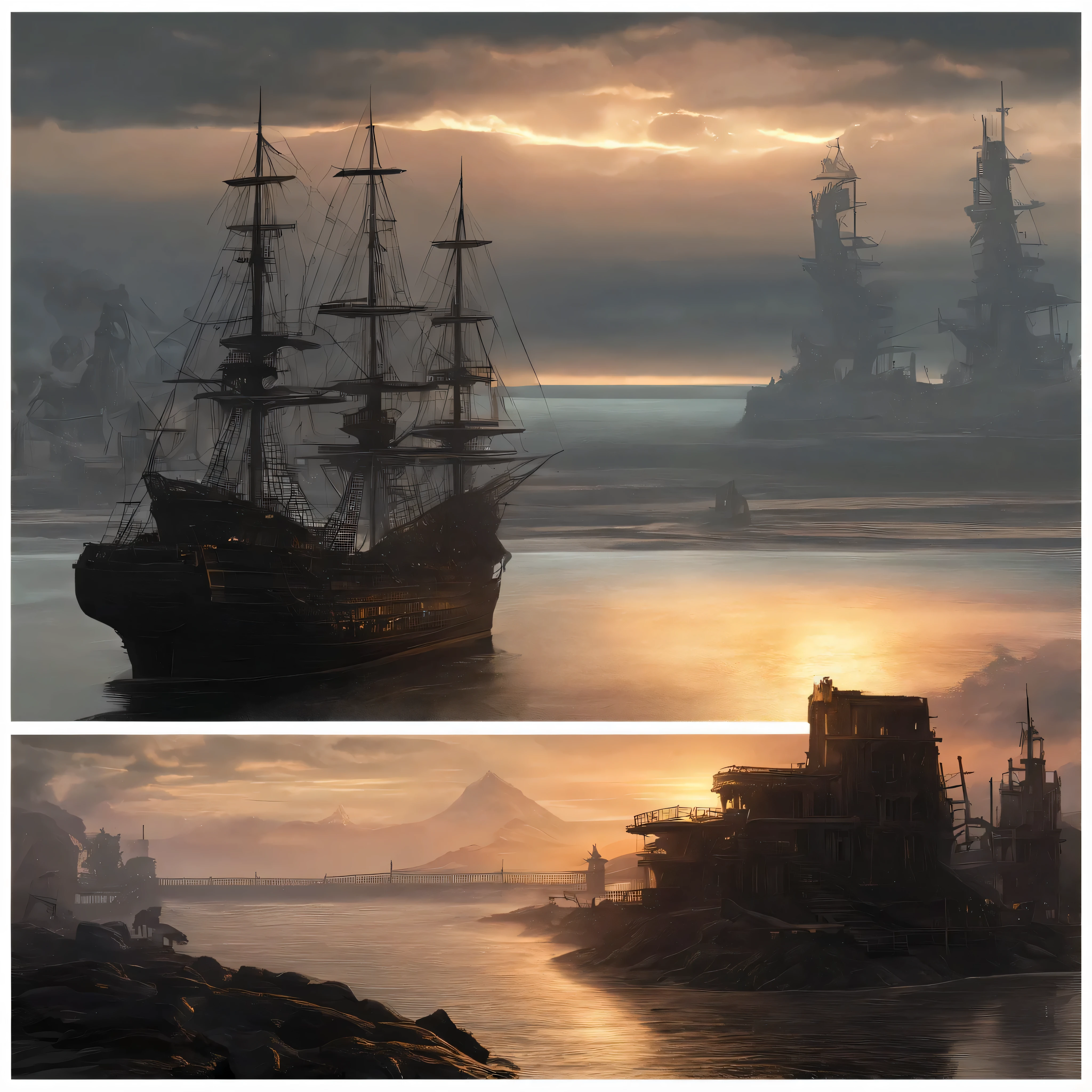painting of a ship in the ocean with a sunset in the background, detailed cover artwork, amazing wallpaper, pirate ship, old pirate ship, gothic ship on ocean, 4k highly detailed digital art, burning ships, inspired by gaston bussiere, by Roman Bezpalkiv, detailed painting 4 k, by Arthur Pan, by Aleksander Gine