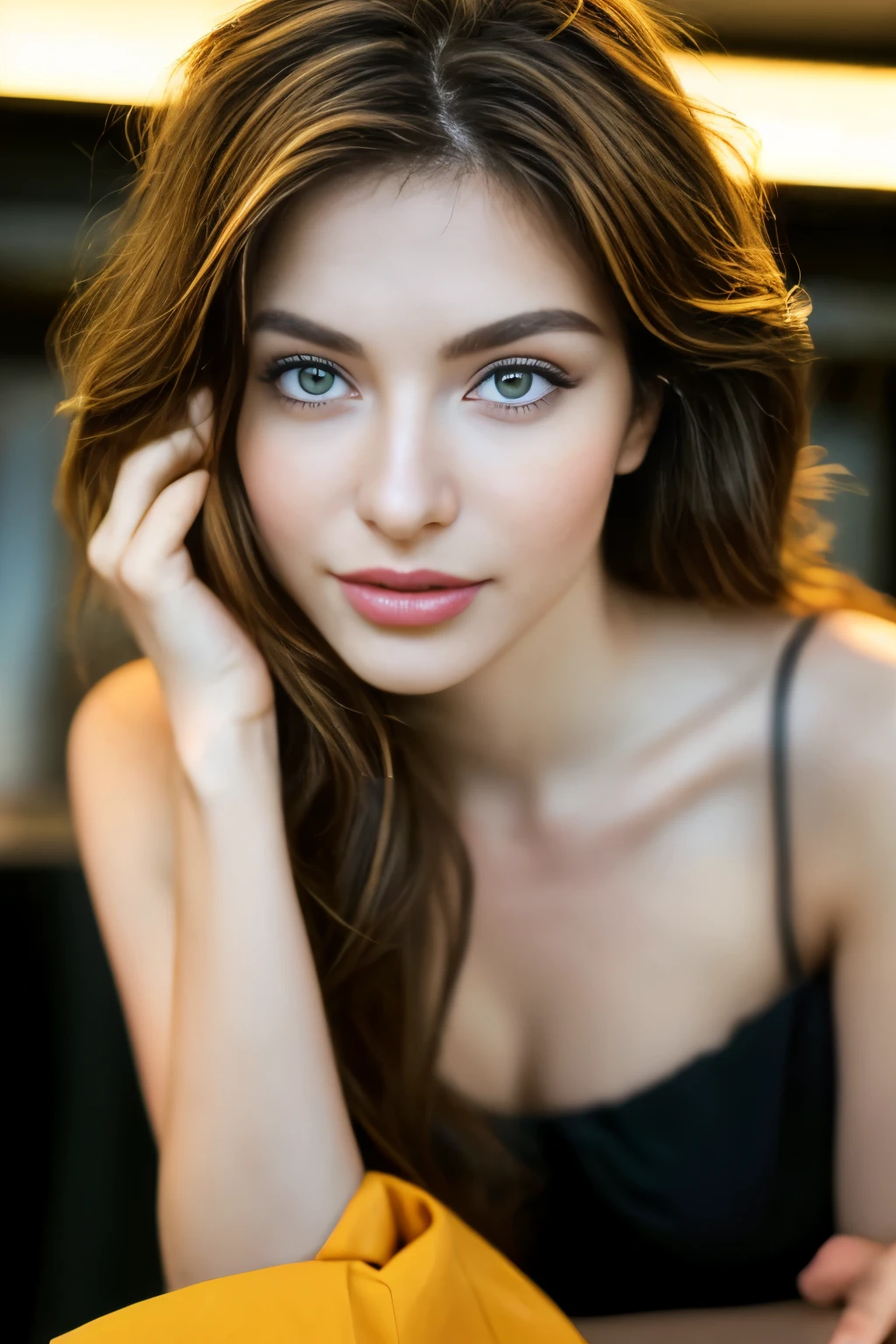 (highest quality、table top、8k、best image quality、Award-winning work)、(one young girl, 14 years old:1.3)、no sleeve, (red eyeshadow:1.2)、perfect makeup、long eyelashes、Super high-definition sparkling eyes、ultra high definition hair、ultra high resolution glossy lips、Super high resolution perfect teeth、Super high resolution cute face、brown hair、(very short straight hair:1.1)、look at me and smile、[clavicle]、accurate anatomy、(close up of face:1.5)、Luxury love hotel、(The most moody warm lighting:1.2)、blurred background、With bangs、Super high-resolution glossy and moisturized face、Super high resolutio n glowing skin、most detailed face、Ultra high resolution detailed faces、ultra high resolution hair、Fashion model 25 years old [[[[close-up]]], [[[[chest]]]], [[[[neck]]], [shoulders]]]]], Perfect eyes, Perfect iris, Perfect lips, Perfect teeth, Perfect skin, Soft front light, Glow, HDR, (Soft color: 1.2), Best quality, masterpiece, ultra high res, (photorealistic:1.37), raw photo, 1girl, long hair, beautifull eyes, beautifull face, detailed eyes and face, t-shirt, dynamic lighting, in the dark, table top, highest quality, realistic, Super detailed, finely, High resolution, 8k wallpaper, 1 beautiful woman, light brown messy hair, Realistic, High Resolution, [[[ Only one girl ]]]], Wavy black hair, Blue eyes, Stylish tank top, Upper body, Big breasts, Cleavage, Sitting on chair, Pose random, 8K, Very detailed, High Resolution, Facing camera ( One woman), One woman, (Very realistic, High Resolution), ( Very Detailed Eyes, Very Detailed Hair, Very Detailed Face, Very Detailed Plump Lips), (Breast Open Off Shoulder), Breasts, Upper Body, Affectionate Smile, Golden Hair, (Top Quality: 1. 4), Raw Photo, (Realistic, Photorealistic: 1.37), Professional Photographer, Film-like Light, (Delicate Face 1.2), David Hockney and Alfons Mucha hyperrealistic portrait of a woman, fantasy art, photorealistic, dynamic lighting, art station, poster, volume lighting, highly detailed face, 4 k, awards, (