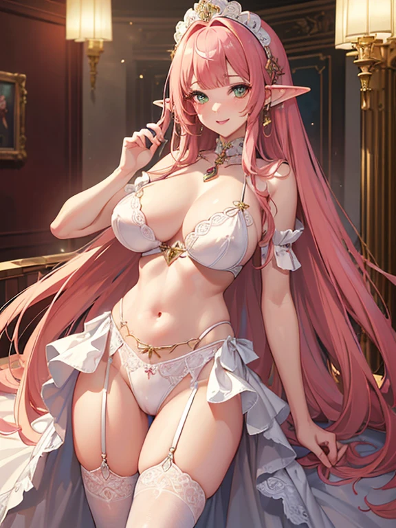 ((masterpiece, best quality, highest quality, ultra-detailed, 32K cg wallpaper, high resolution)), 1 elf woman,pink hair,red eye,very long straight hair,blunt bangs,huge breasts,blush,smile,parted lips,green lingerie,white garter belt,necklace,standing,from left in front,bed side,